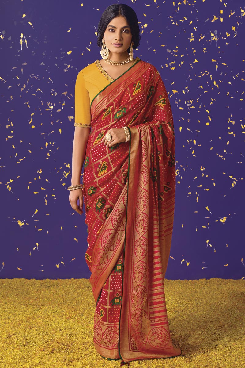 Red Color Weaving Work On Brasso Fabric Vivacious Saree