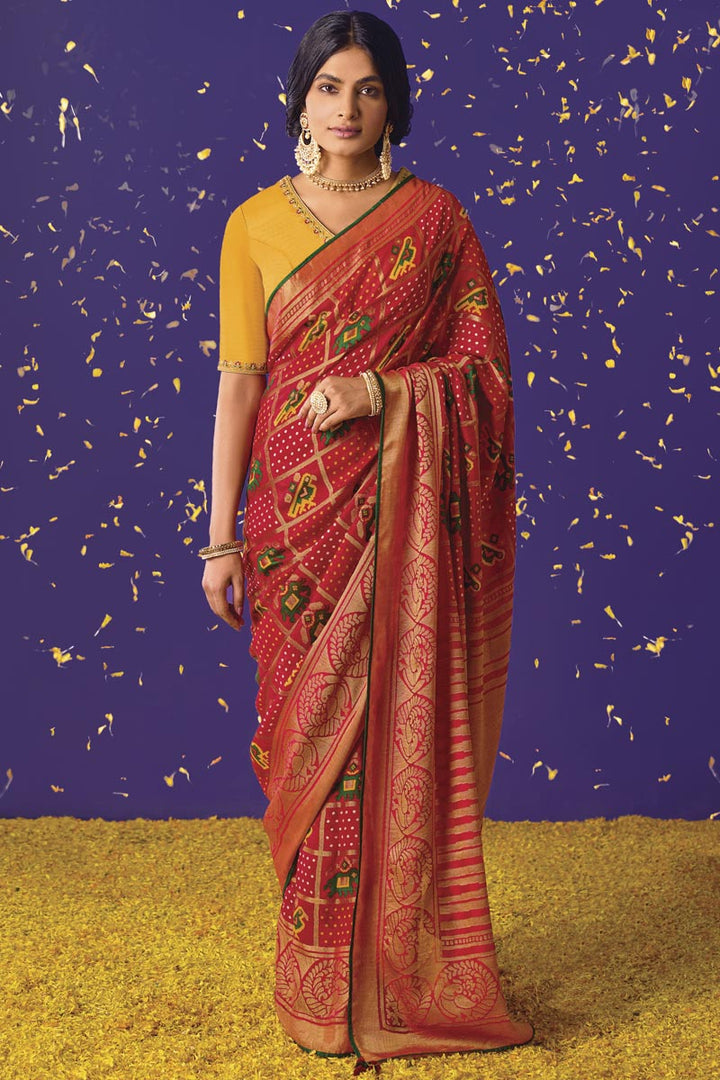 Red Color Weaving Work On Brasso Fabric Vivacious Saree