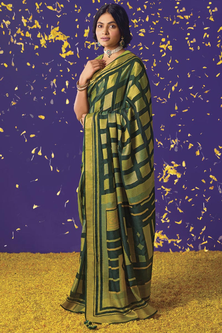 Brasso Fabric Dark Green Color Coveted Saree With Weaving Work