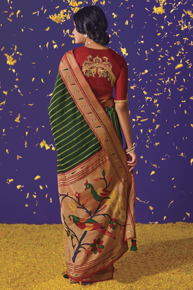 Intriguing Brasso Fabric Dark Green Color Saree With Weaving Work | Buy Online India