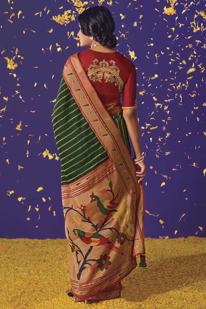 Intriguing Brasso Fabric Dark Green Color Saree With Weaving Work | Buy Online India