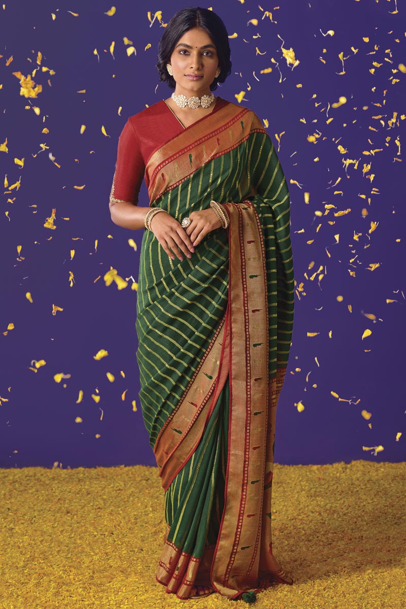 Intriguing Brasso Fabric Dark Green Color Saree With Weaving Work | Buy Online India