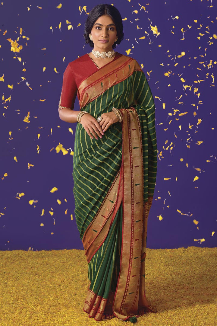 Intriguing Brasso Fabric Dark Green Color Saree With Weaving Work