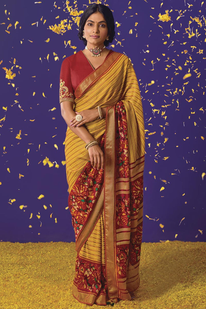 Marvelous Weaving Work Brasso Fabric Saree In Yellow Color