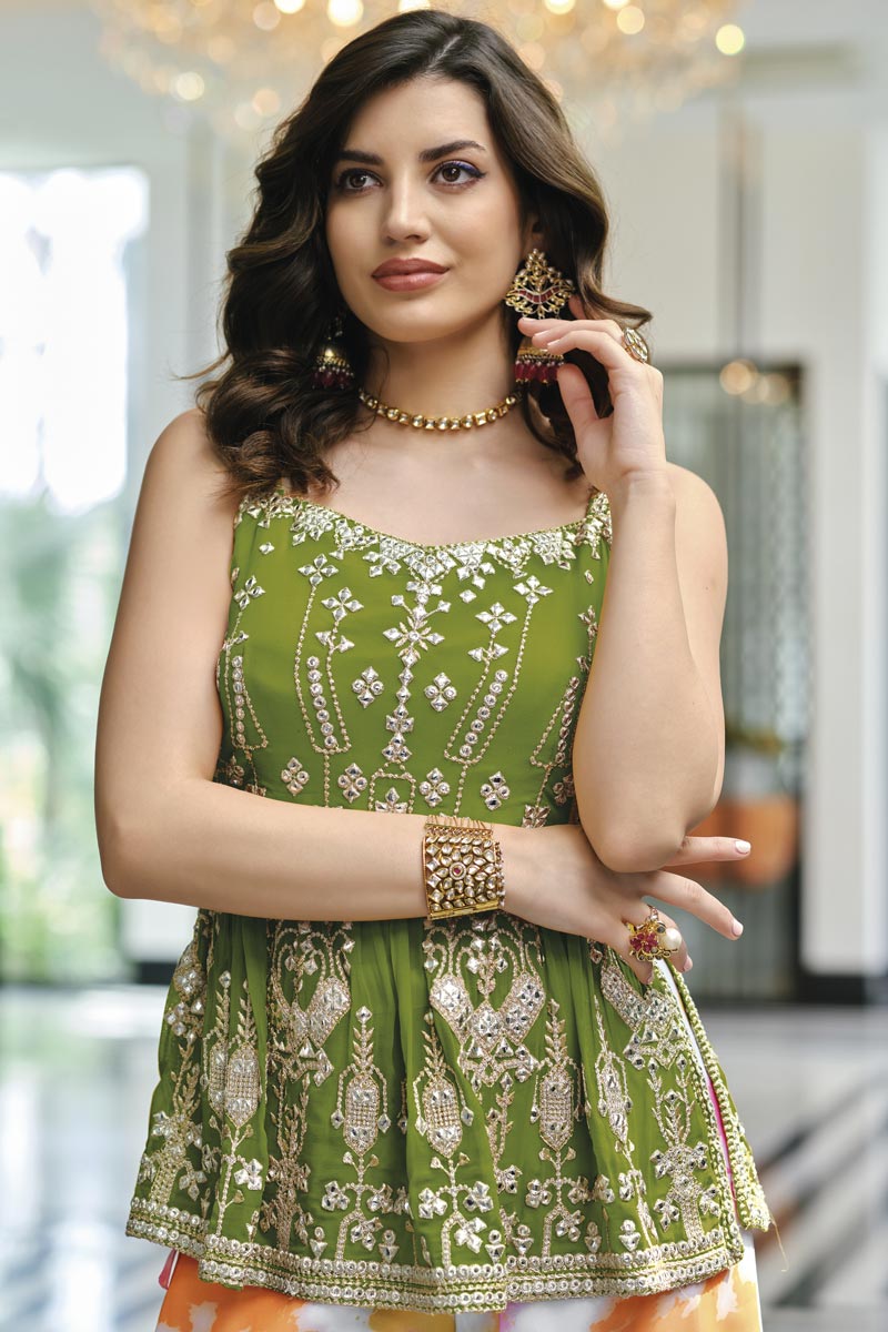 Special Function Wear Georgette Palazzo Suit In Green Color