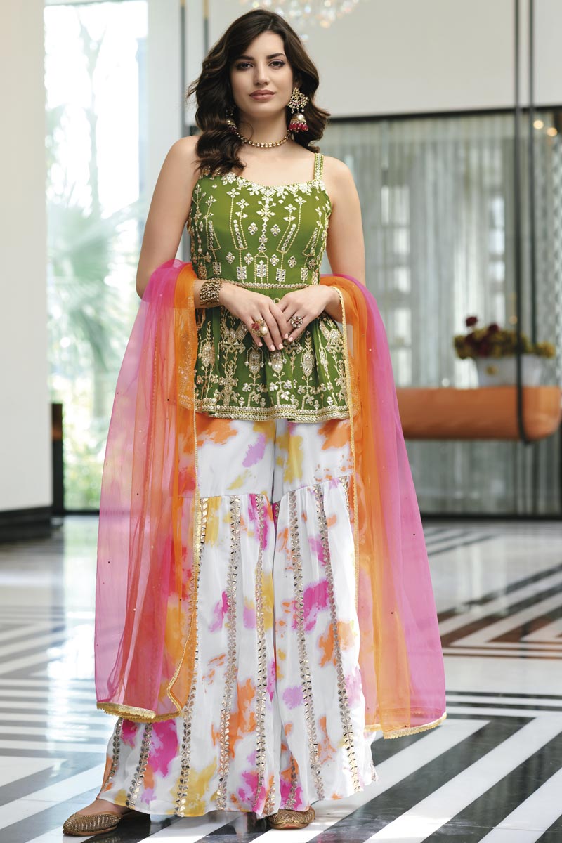 Special Function Wear Georgette Palazzo Suit In Green Color
