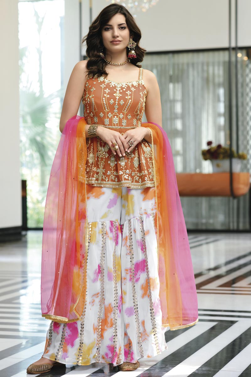 Orange Color Sober Georgette Palazzo Suit In Function Wear