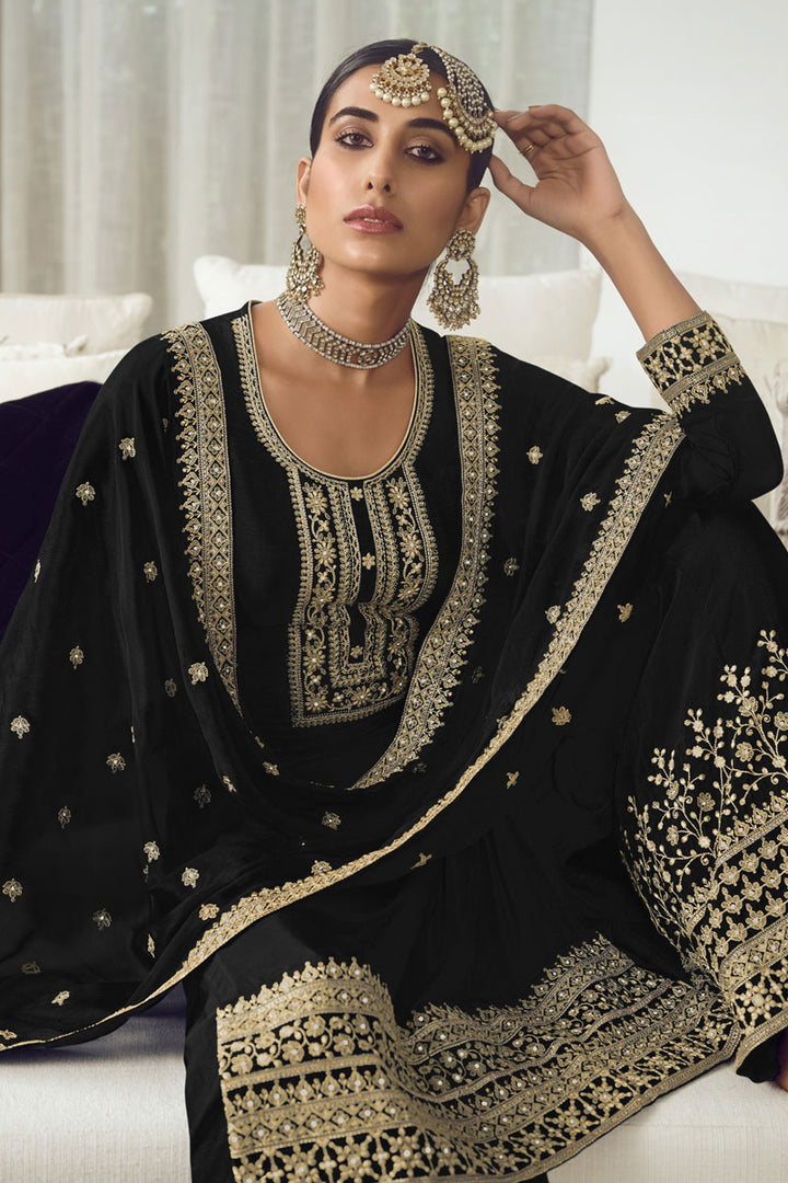 Black Color Bewitching Art Silk Fabric Palazzo Suit With Embroidered Work