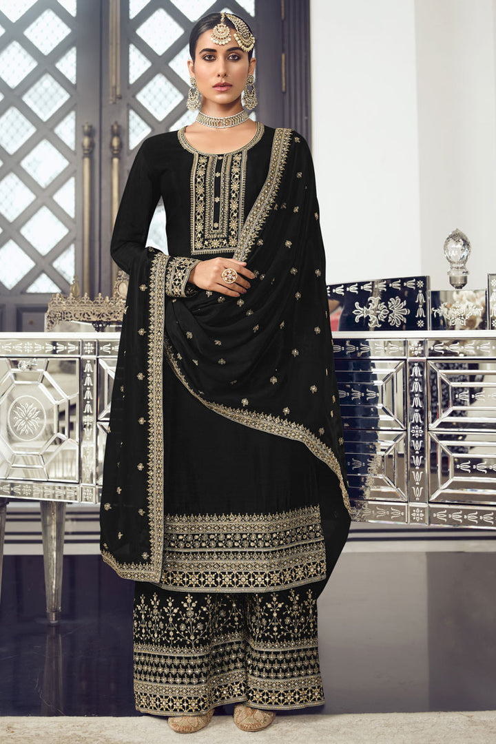 Black Color Bewitching Art Silk Fabric Palazzo Suit With Embroidered Work