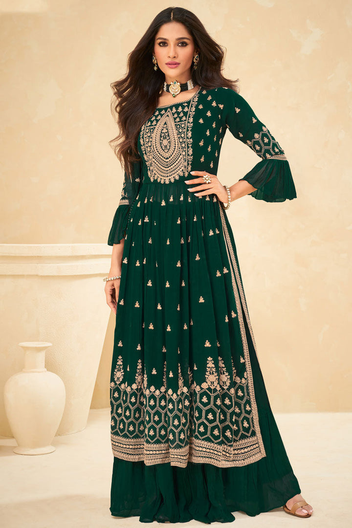 Georgette Fabric Green Color Sensational Embroidered Palazzo Suit
