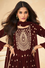 Load image into Gallery viewer, Georgette Fabric Luxurious Embroidered Palazzo Suit In Brown Color
