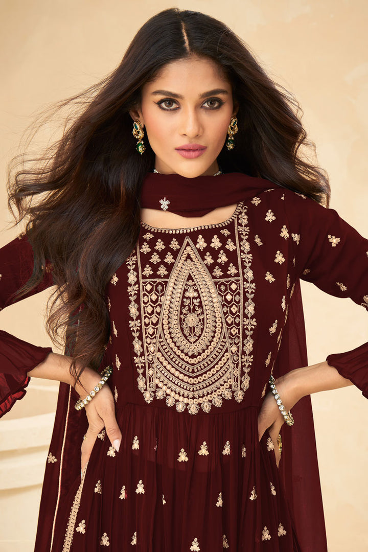 Georgette Fabric Luxurious Embroidered Palazzo Suit In Brown Color