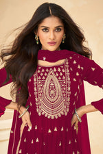Load image into Gallery viewer, Exquisite Georgette Fabric Embroidered Palazzo Suit In Rani Color
