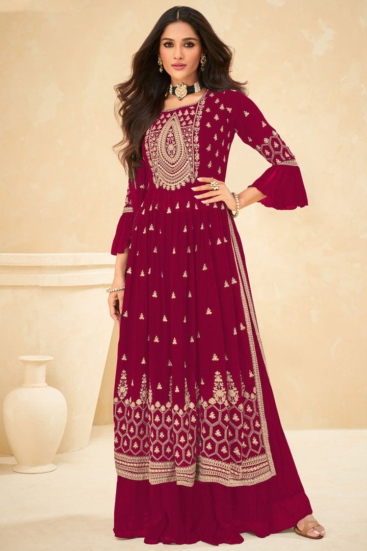 Exquisite Georgette Fabric Embroidered Palazzo Suit In Rani Color