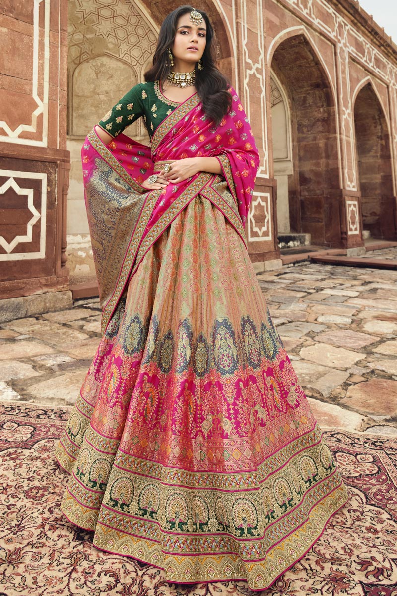 Silk Fabric Multi Color Wedding Wear Bright Lehenga