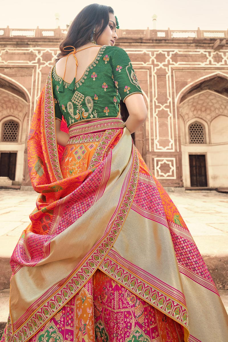 Creative Silk Fabric Wedding Wear Lehenga In Orange Color