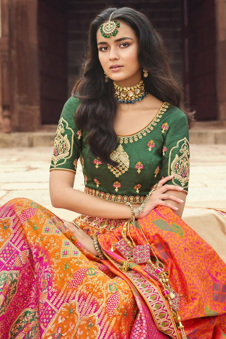 Creative Silk Fabric Wedding Wear Lehenga In Orange Color