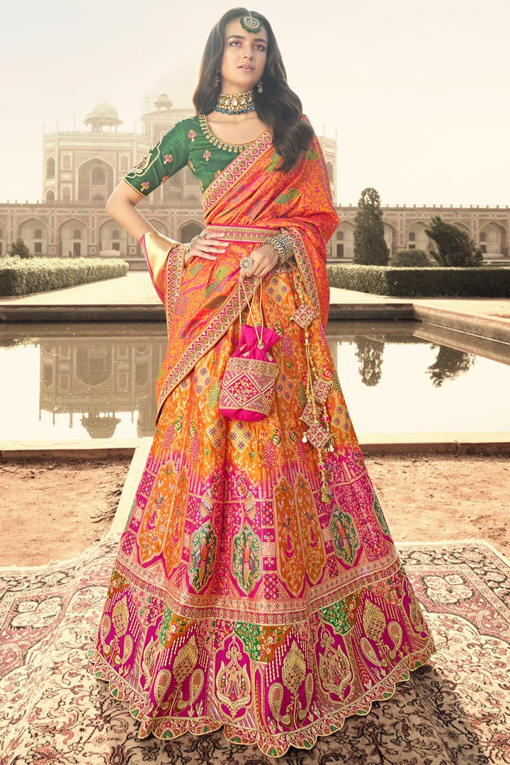 Creative Silk Fabric Wedding Wear Lehenga In Orange Color