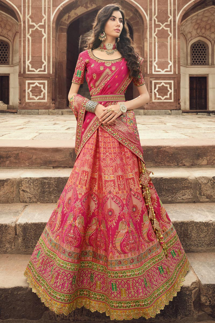 Pink Color Silk Fabric Ravishing Wedding Wear Lehenga
