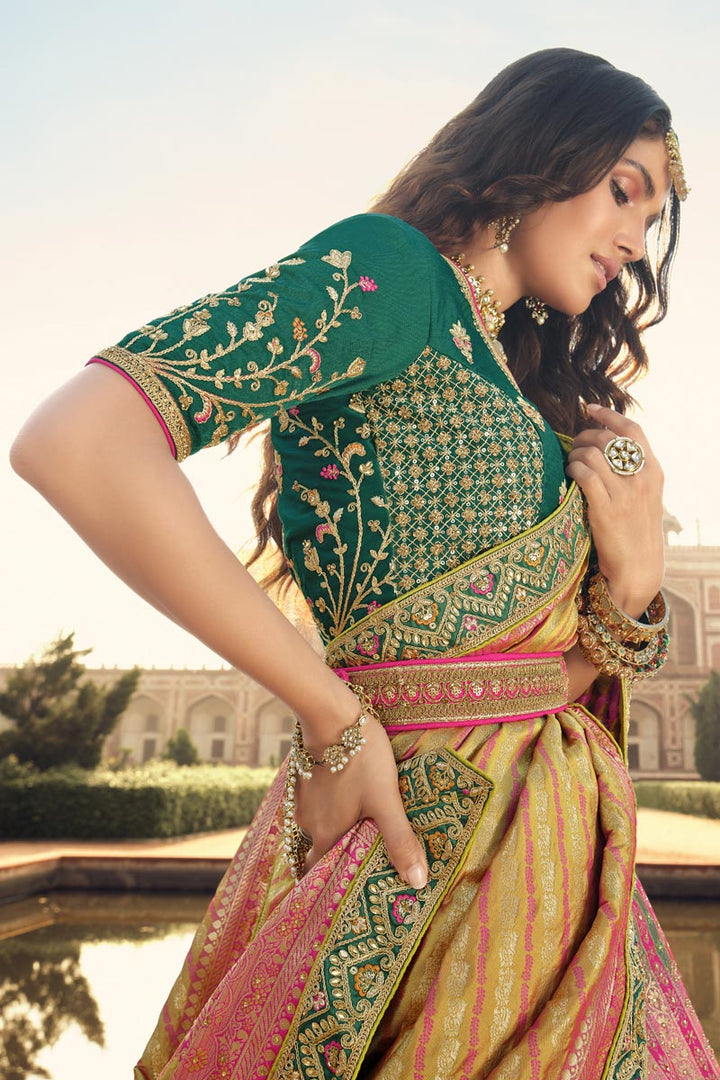 Multi Color Tempting Wedding Wear Vartika Singh Lehenga In Silk Fabric