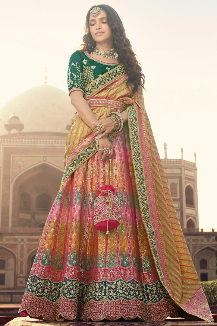 Multi Color Tempting Wedding Wear Vartika Singh Lehenga In Silk Fabric