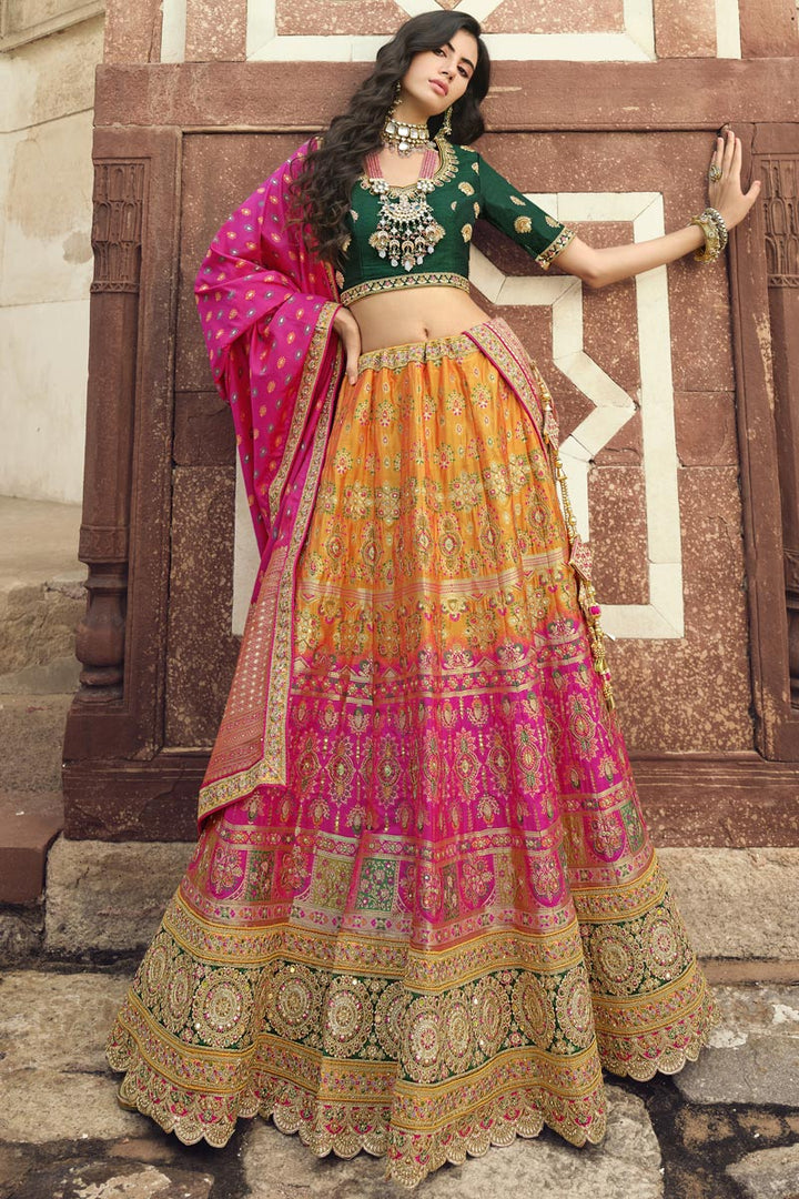 Radiant Multi Color Silk Fabric Wedding Wear Lehenga