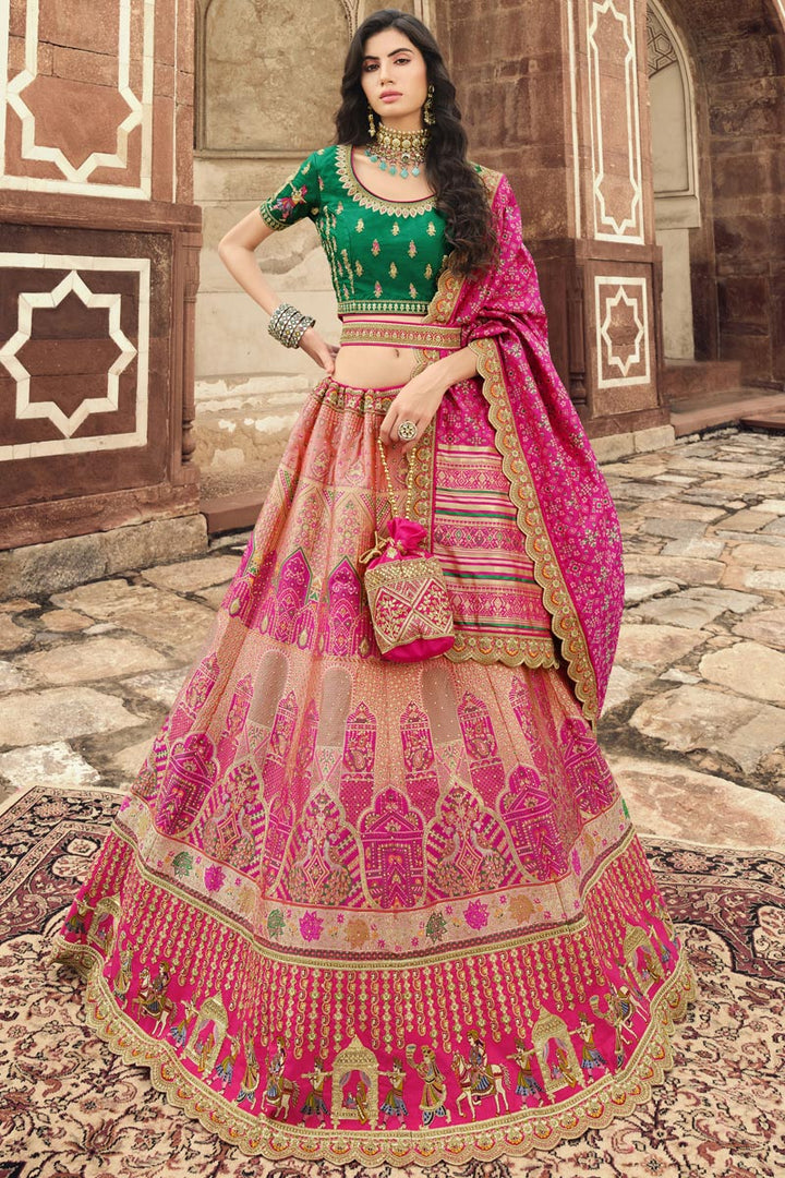 Fascinating Rani Color Wedding Wear Lehenga In Silk Fabric