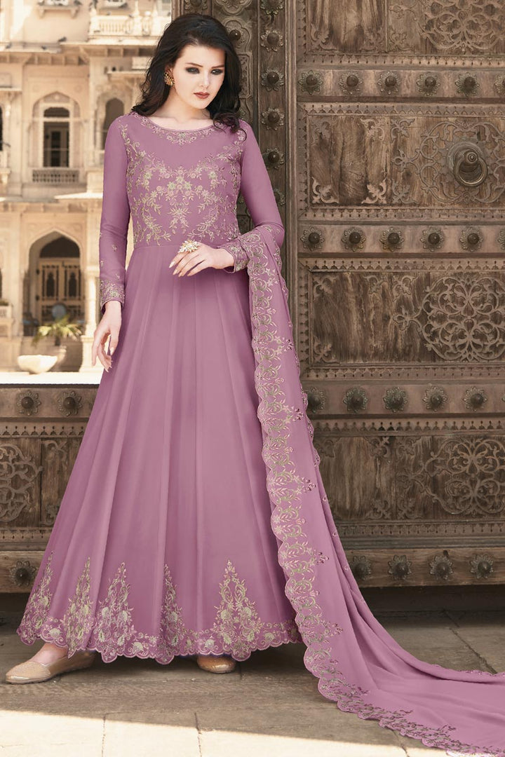 Georgette Fabric Embroidery Work Wedding Wear Designer Anarkali Suit In Pink Color