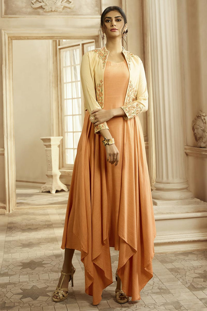 Party Style Peach Color Designer Embroidered Readymade Gown In Fancy Fabric