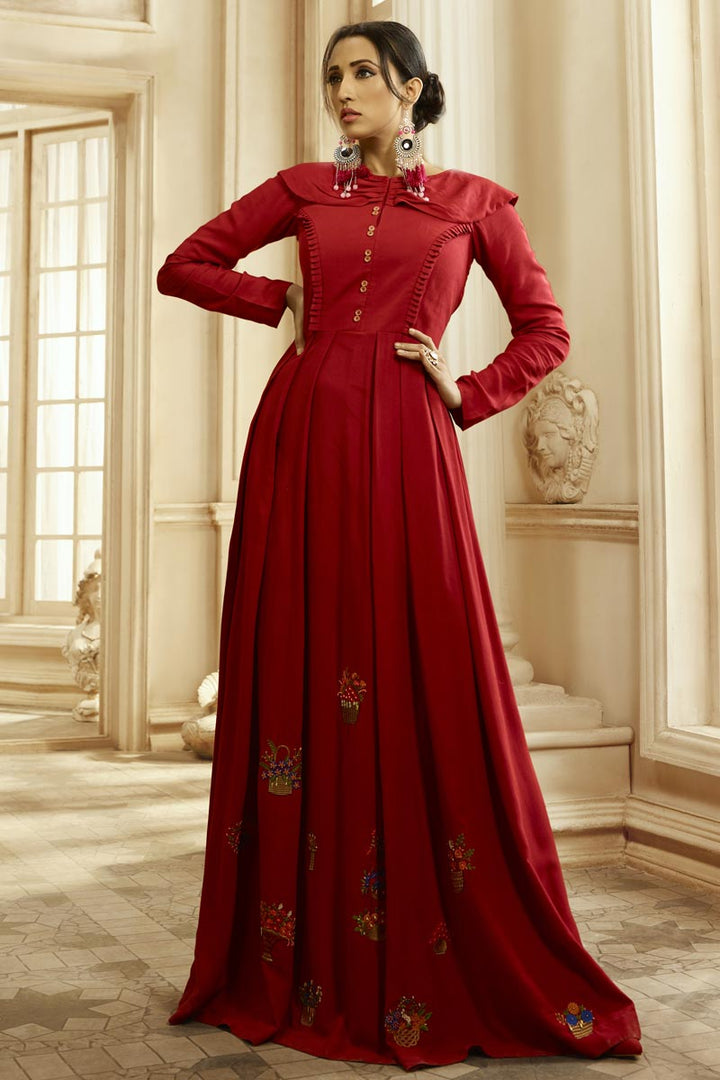 Fancy Fabric Party Style Designer Embroidered Readymade Gown In Red Color