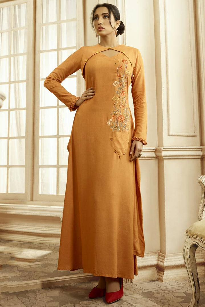 Orange Color Party Style Designer Embroidered Readymade Gown In Fancy Fabric