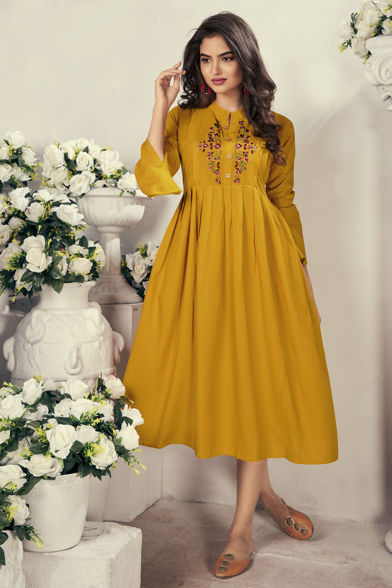 Rayon Fabric Festive Wear Fancy Mustard Color Thread Embroidered Kurti