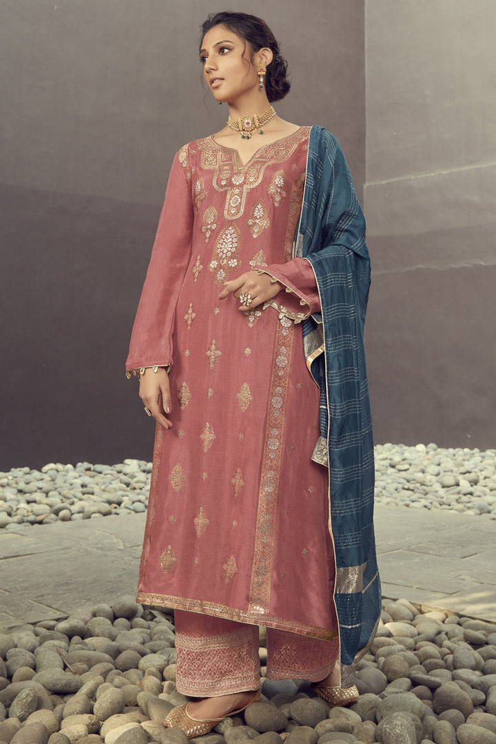 Jacquard Silk Fabric Function Wear Pink Color Embroidered Palazzo Suit