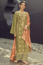 Load image into Gallery viewer, Jacquard Silk Fabric Party Wear Embroidered Palazzo Dress In Green Color
