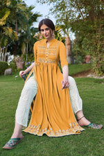 Load image into Gallery viewer, Fancy Mustard Color Party Wear Embroidered Kurti With Pant In Rayon Fabric
