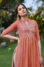 Load image into Gallery viewer, Peach Color Party Wear Rayon Fabric Fancy Embroidered Kurti With Pant
