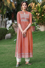 Load image into Gallery viewer, Peach Color Party Wear Rayon Fabric Fancy Embroidered Kurti With Pant
