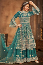 Load image into Gallery viewer, Teal Color Net Fabric Embroidery Work Function Wear Fancy Palazzo Suit
