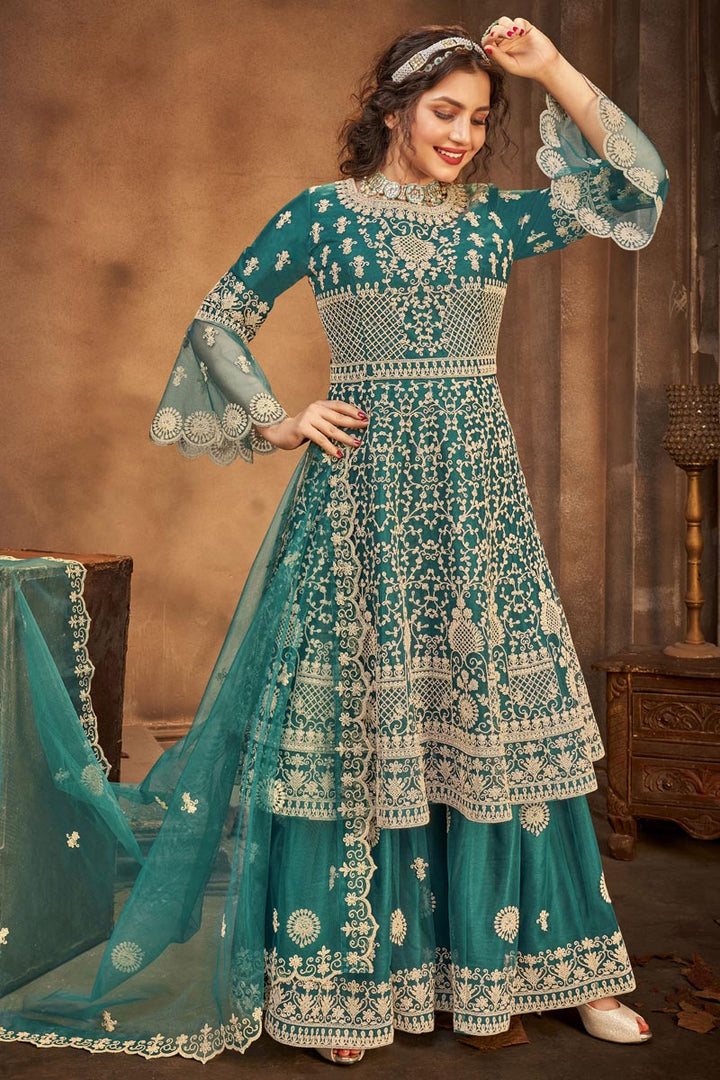 Teal Color Net Fabric Embroidery Work Function Wear Fancy Palazzo Suit
