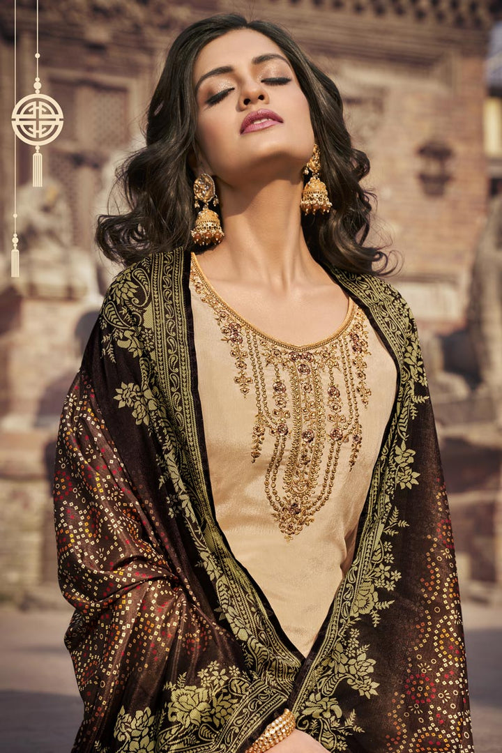 Festive Wear Beige Color Chiffon Fabric Elegant Embroidered Palazzo Suit