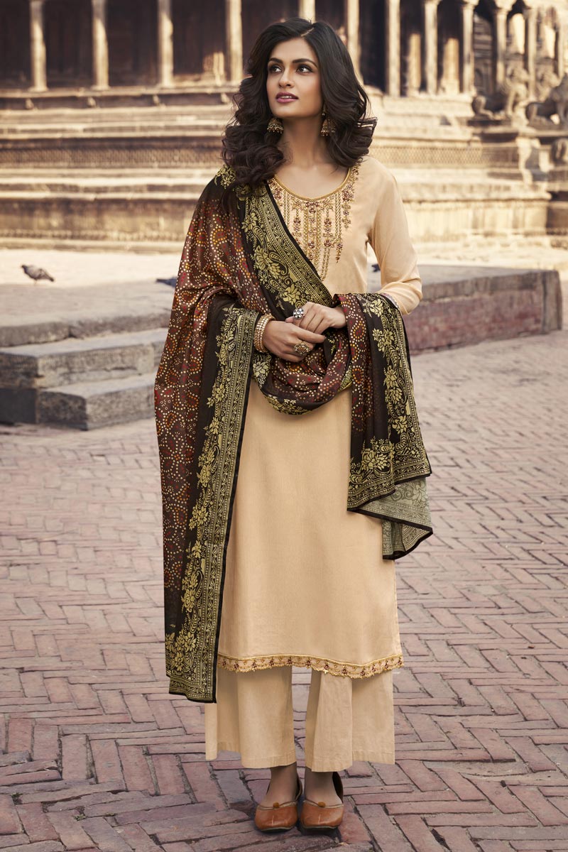 Festive Wear Beige Color Chiffon Fabric Elegant Embroidered Palazzo Suit