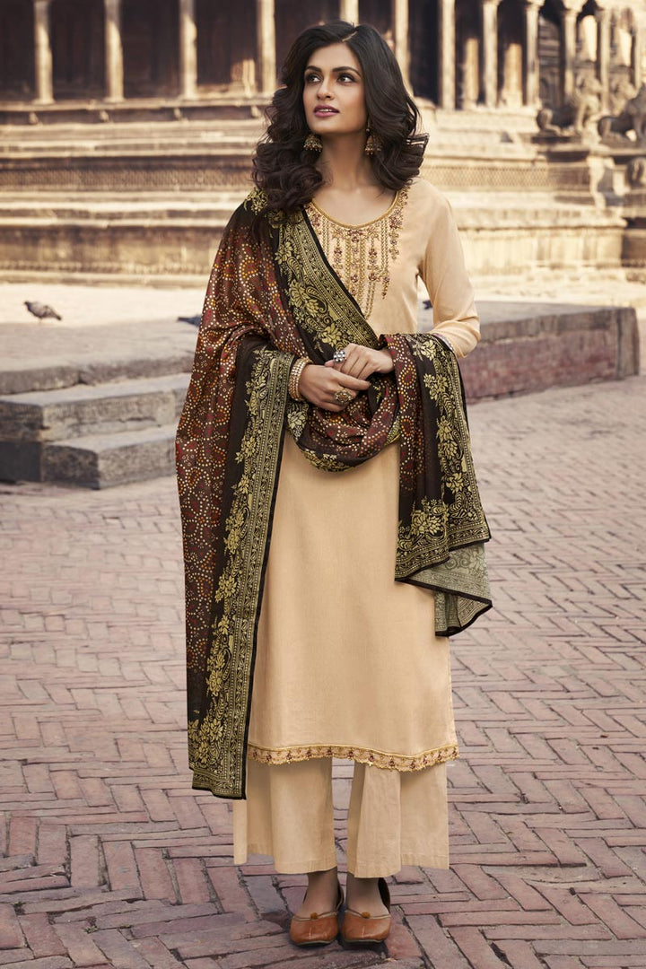 Festive Wear Beige Color Chiffon Fabric Elegant Embroidered Palazzo Suit