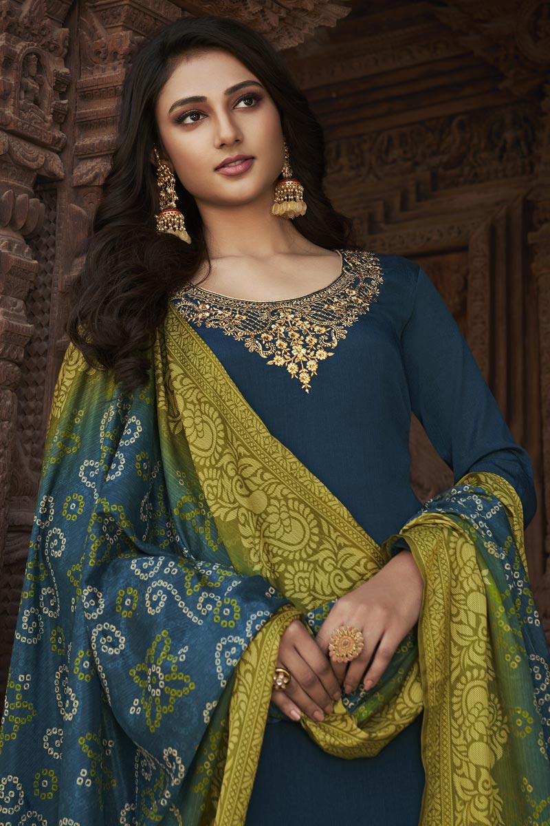 Festive Wear Teal Color Elegant Embroidered Palazzo Suit Chiffon Fabric