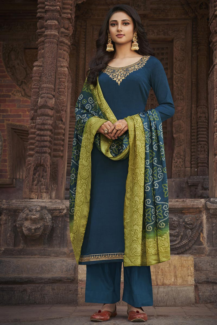 Festive Wear Teal Color Elegant Embroidered Palazzo Suit Chiffon Fabric