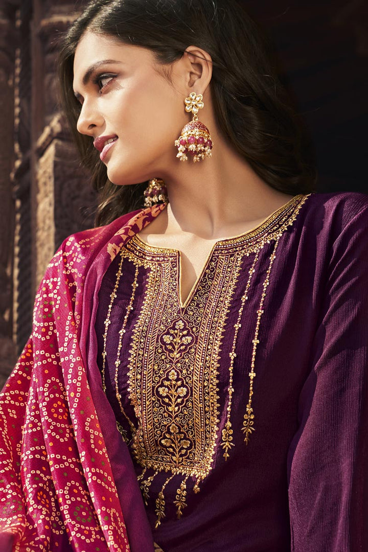 Festive Wear Purple Color Elegant Embroidered Palazzo Suit In Chiffon Fabric