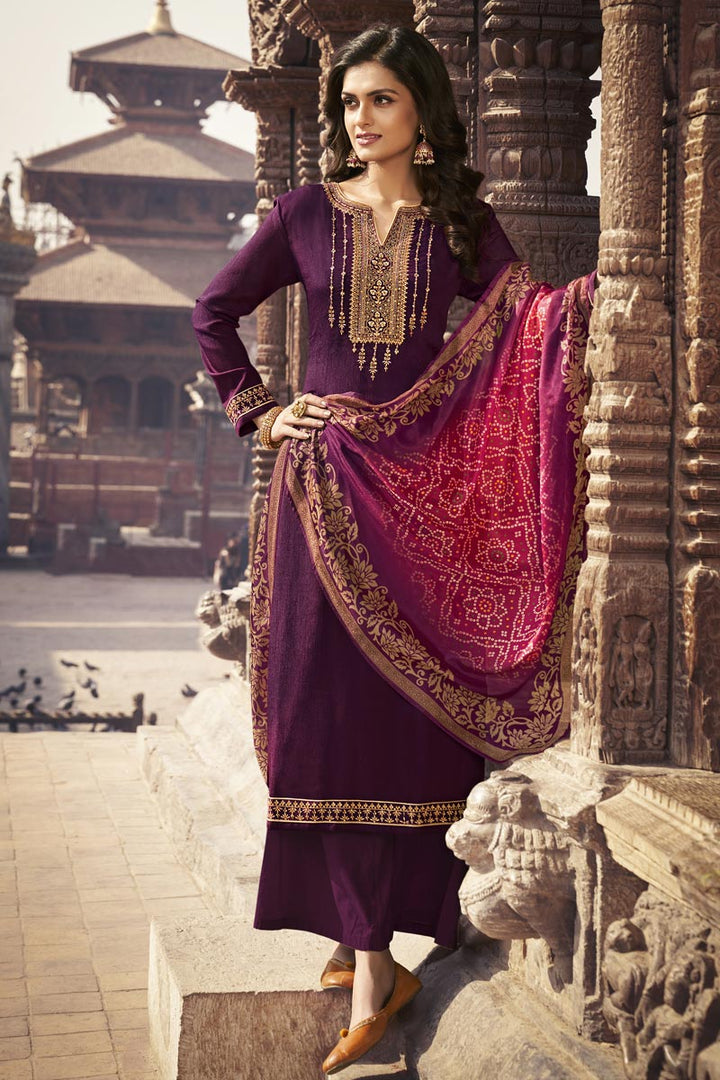 Festive Wear Purple Color Elegant Embroidered Palazzo Suit In Chiffon Fabric