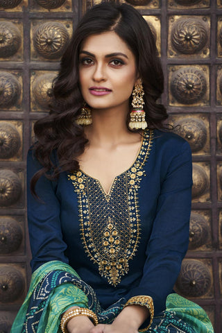 Navy Blue Color Festive Wear Elegant Embroidered Palazzo Suit In Chiffon Fabric