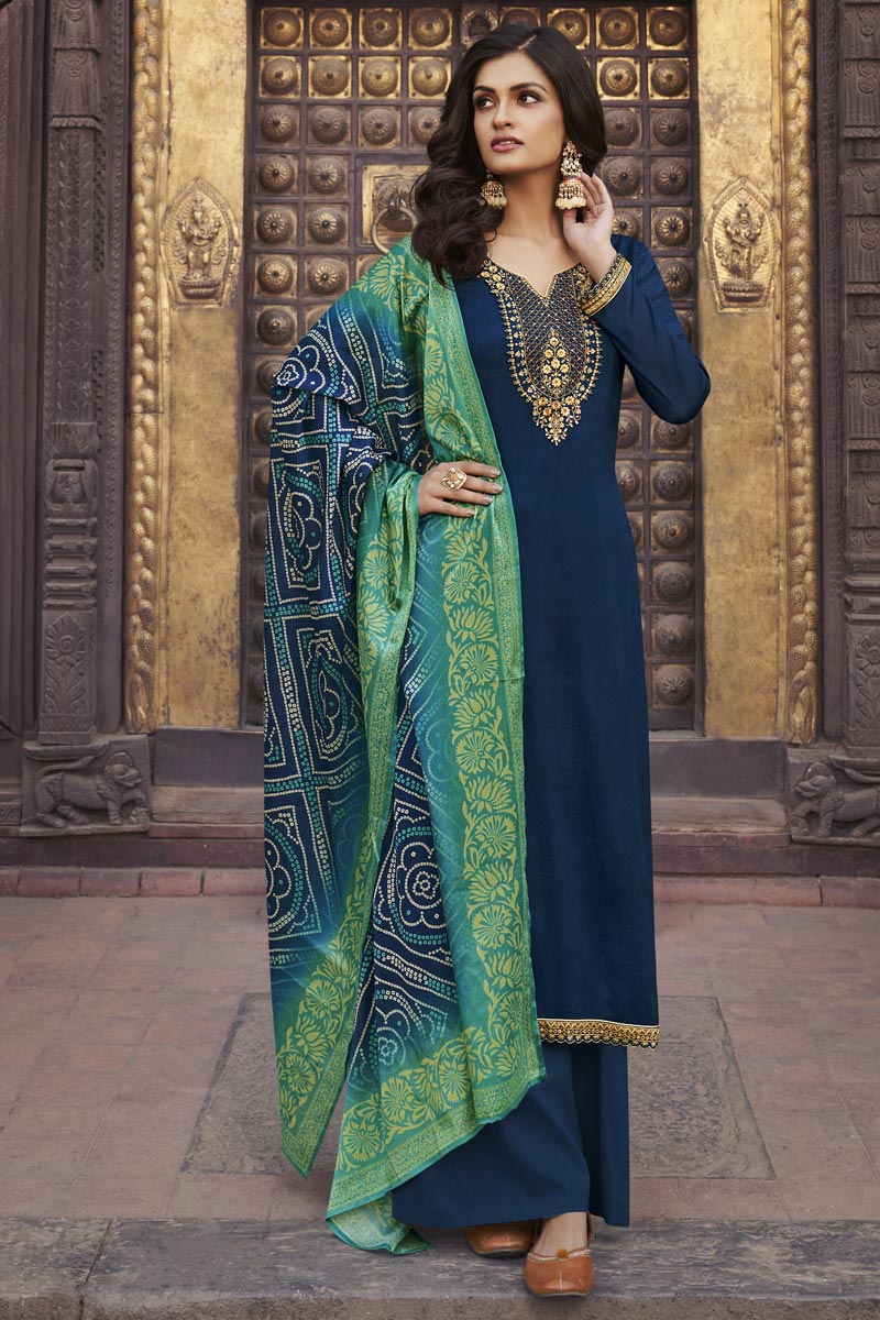 Navy Blue Color Festive Wear Elegant Embroidered Palazzo Suit In Chiffon Fabric