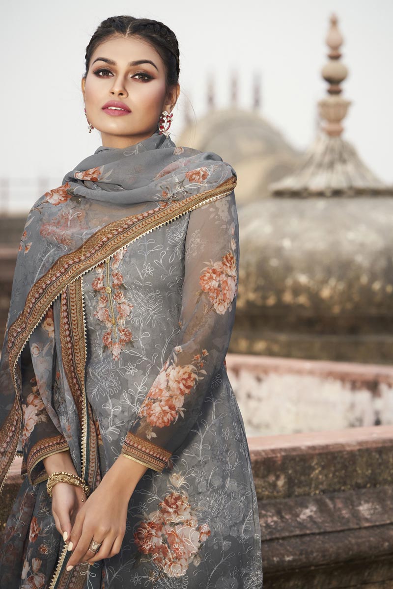 Grey Color Festive Wear Elegant Embroidered Georgette Fabric Straight Cut Dress