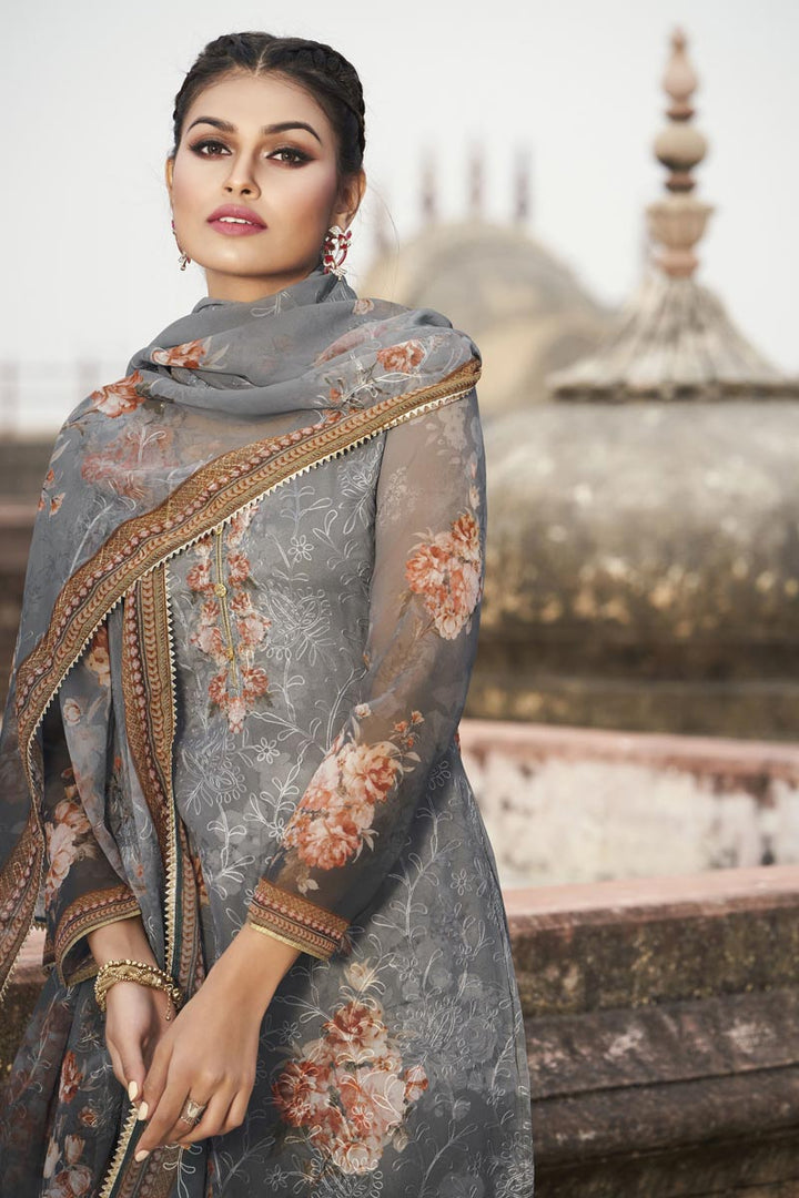 Grey Color Festive Wear Elegant Embroidered Georgette Fabric Straight Cut Dress
